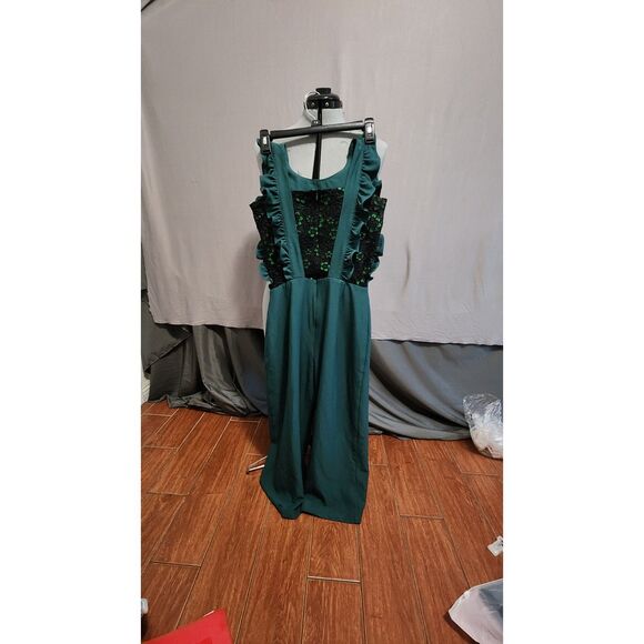 Green Sleeveless Ruffled Cropped Barocade Back Jumpsuit Sz S (4/6) - Picture 2 of 2